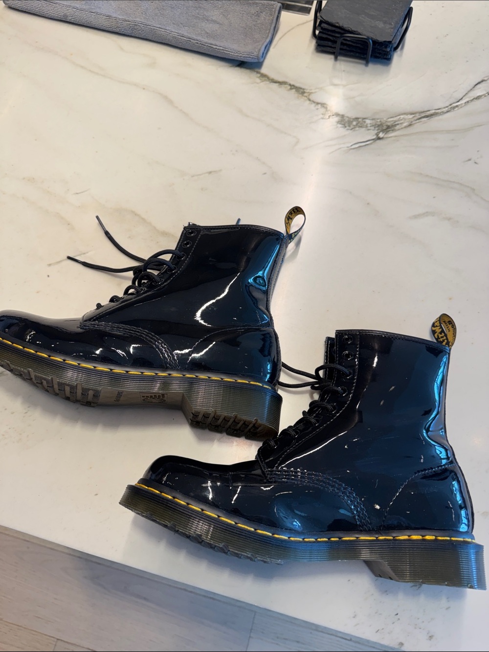 Dr. Martens Black Patent 8-Eye Lace-Up Boots with Yellow Stitching - Picture 4 of 11